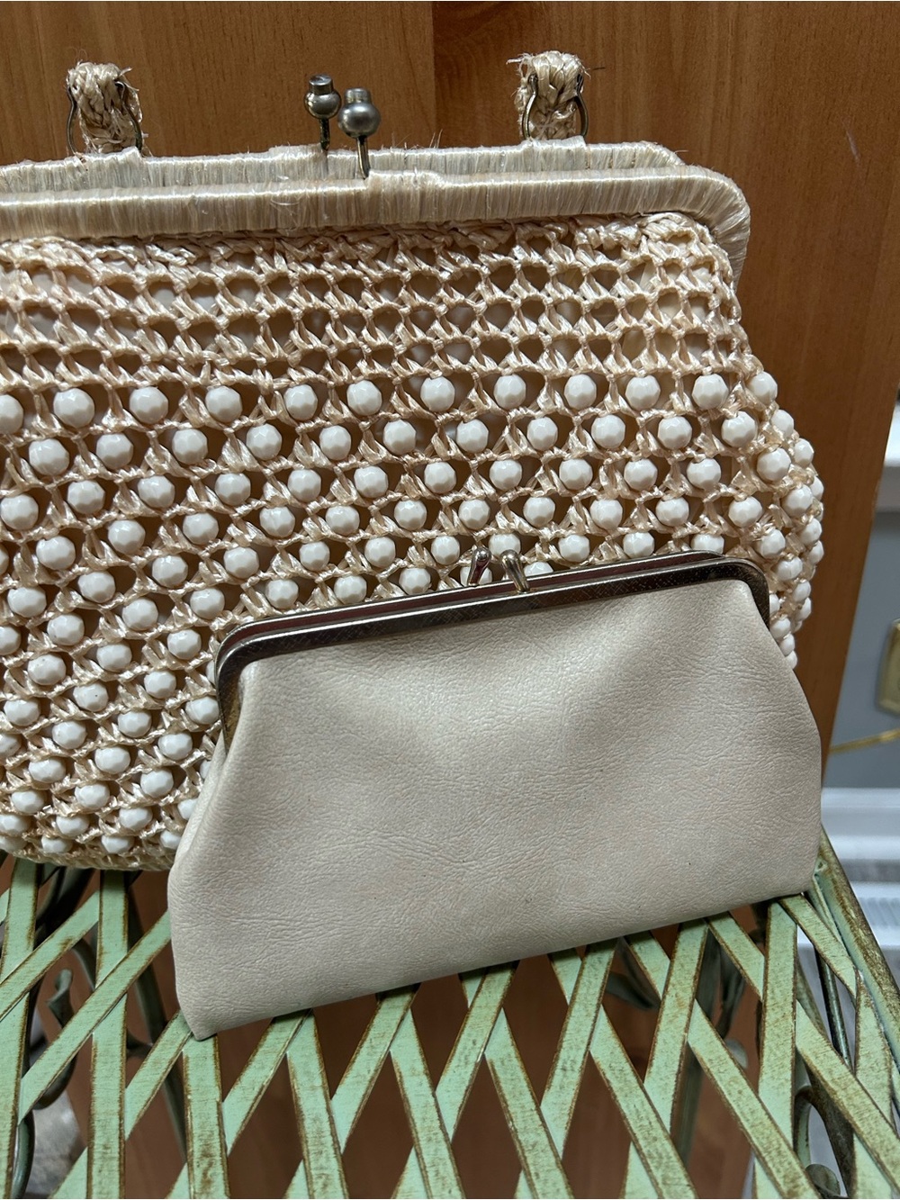 2 items Vintage Raffia Handbag In cream w/beaded accents includes vintge wallet